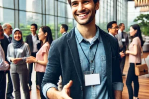 Seorang profesional di Bandung sedang memulai percakapan dengan orang asing di acara networking, menggunakan tips public speaking untuk ice-breaking