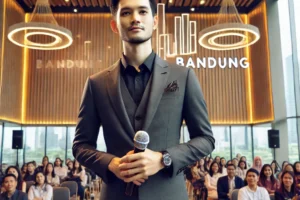 MC profesional di Bandung sedang berdiri di panggung, menunjukkan cara memonetisasi keahlian MC melalui public speaking