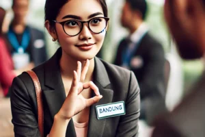 Seorang profesional di bandung sedang terlibat dalam percakapan, mengamati dan memahami bahasa tubuh lawan bicaranya di acara networking