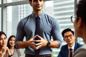 Seorang profesional di Bandung sedang berbicara dengan percaya diri dalam rapat kerja, menggunakan keterampilan public speaking untuk meningkatkan pengaruh dan karir