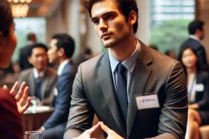 Seorang profesional di bandung terlibat dalam percakapan aktif dengan mendengarkan penuh perhatian, menunjukkan kontak mata dan bahasa tubuh terbuka selama acara networking