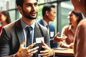 Seorang profesional di bandung mendengarkan dengan penuh perhatian dalam percakapan di acara networking, menggunakan keterampilan public speaking untuk menjadi conversationalist yang lebih baik