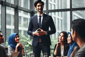 Seorang profesional di bandung sedang berbicara dengan percaya diri di depan tim, menunjukkan keterampilan public speaking untuk meningkatkan produktivitas dan efisiensi kerja