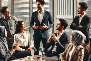 Tim profesional di Bandung sedang berkolaborasi dalam rapat kerja, dengan seorang pembicara percaya diri yang memimpin diskusi menggunakan keterampilan public speaking