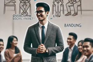 Seorang profesional di Bandung berbicara percaya diri dengan sekelompok orang di acara networking, mengatasi social anxiety melalui public speaking