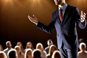 Public speaker membawa diri dengan percaya diri di atas panggung