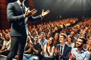 Public Speaker Berinteraksi dengan Audiens di Panggung